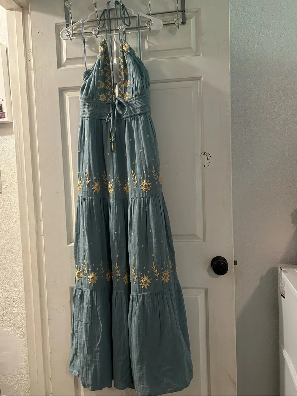 Free People Teal Maxi Dress with Gold Embroidery